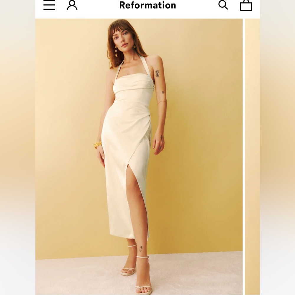 NWT Reformation Solana Satin Halterneck Midi in Almond Cream